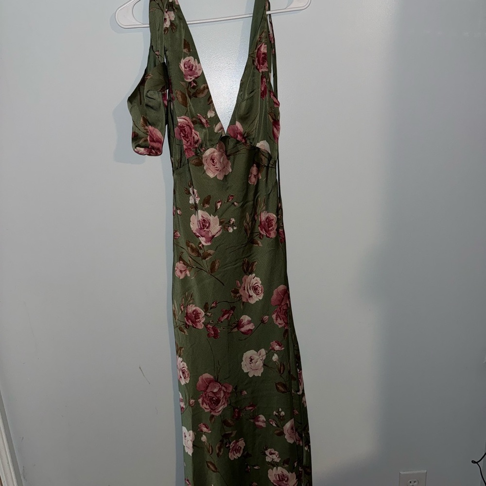 Floor Length Floral Dress in Green and Pink